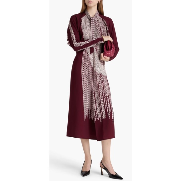 Victoria Beckham Midi Dress Size 4 Merlot Tie Neck Printed Crepe NWT $1500